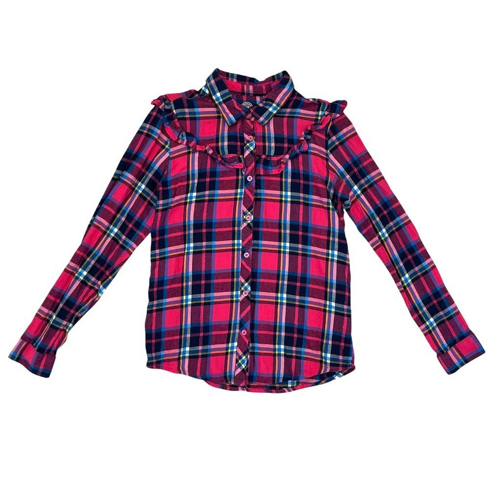 Wonder Nation Girls L 10-12 Ruffle Flannel Button Up Long Sleeve Fuchsia Burst